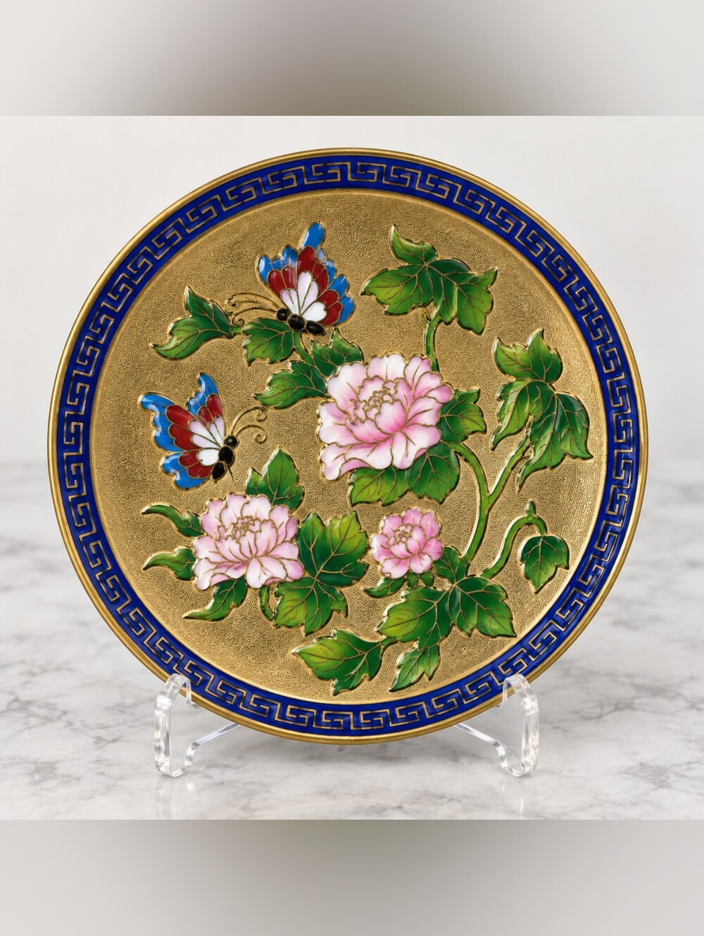 Vintage Chinese Cloisonné Enamel Plate Peonies Butterflies Cobalt Blue 6"